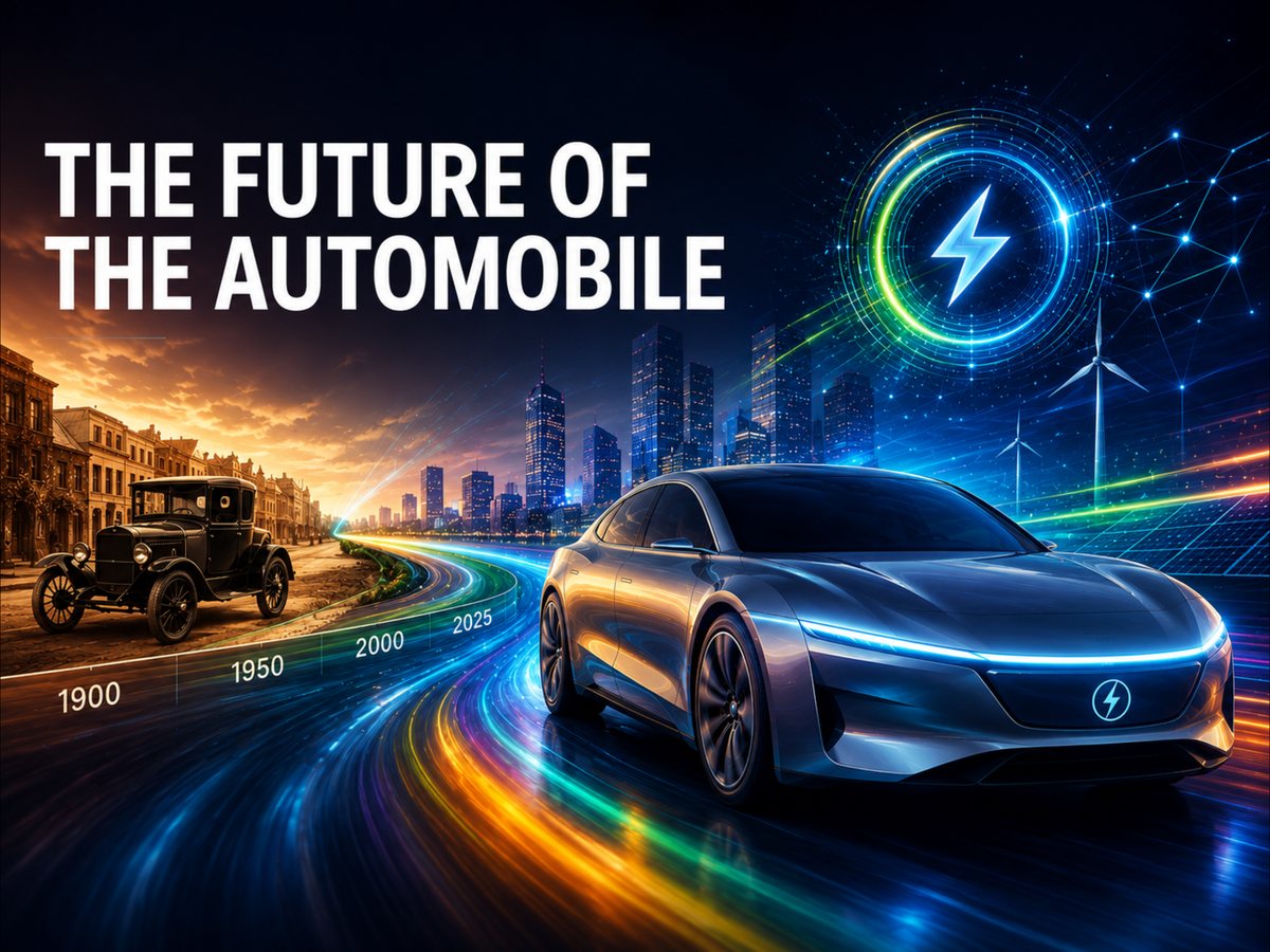 Illustration for The Future of the Automobile: a vintage 1900s car on a dirt road transitioning along a glowing timeline to a sleek modern electric car by a city skyline with wind turbines and a lightning-bolt charging symbol