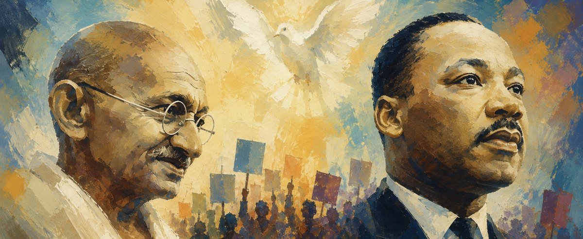Painterly portrait of Mahatma Gandhi and Dr. Martin Luther King Jr. with a dove and marchers holding signs in the background