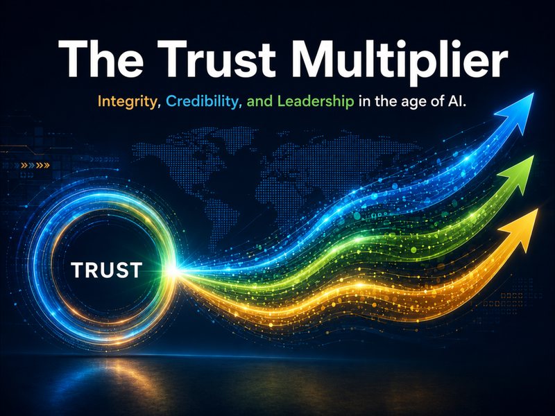 Illustration for The Trust Multiplier: a glowing ring labelled TRUST feeding three rising arrows in blue, green and gold over a world map, representing integrity, credibility and leadership in the age of AI