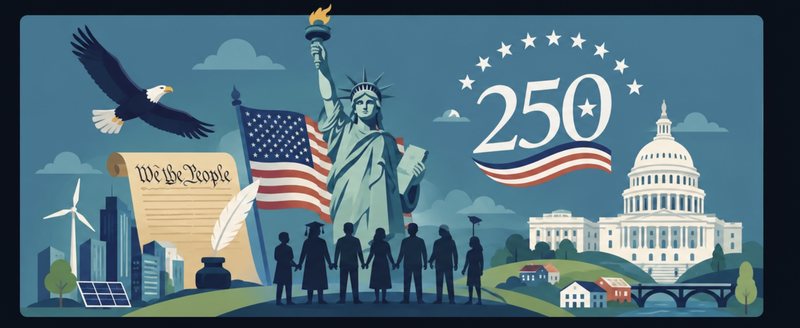 Illustration marking America's 250th anniversary: the Statue of Liberty, the US flag, the Constitution, the Capitol and a line of people standing together
